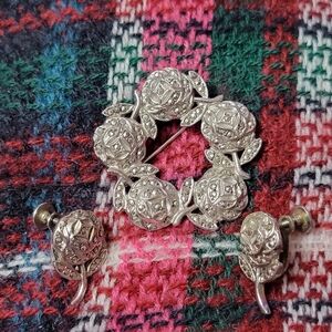 Vintage Sterling Silver Marcasite Rose Flower Round Brooch Pin Earrings Set